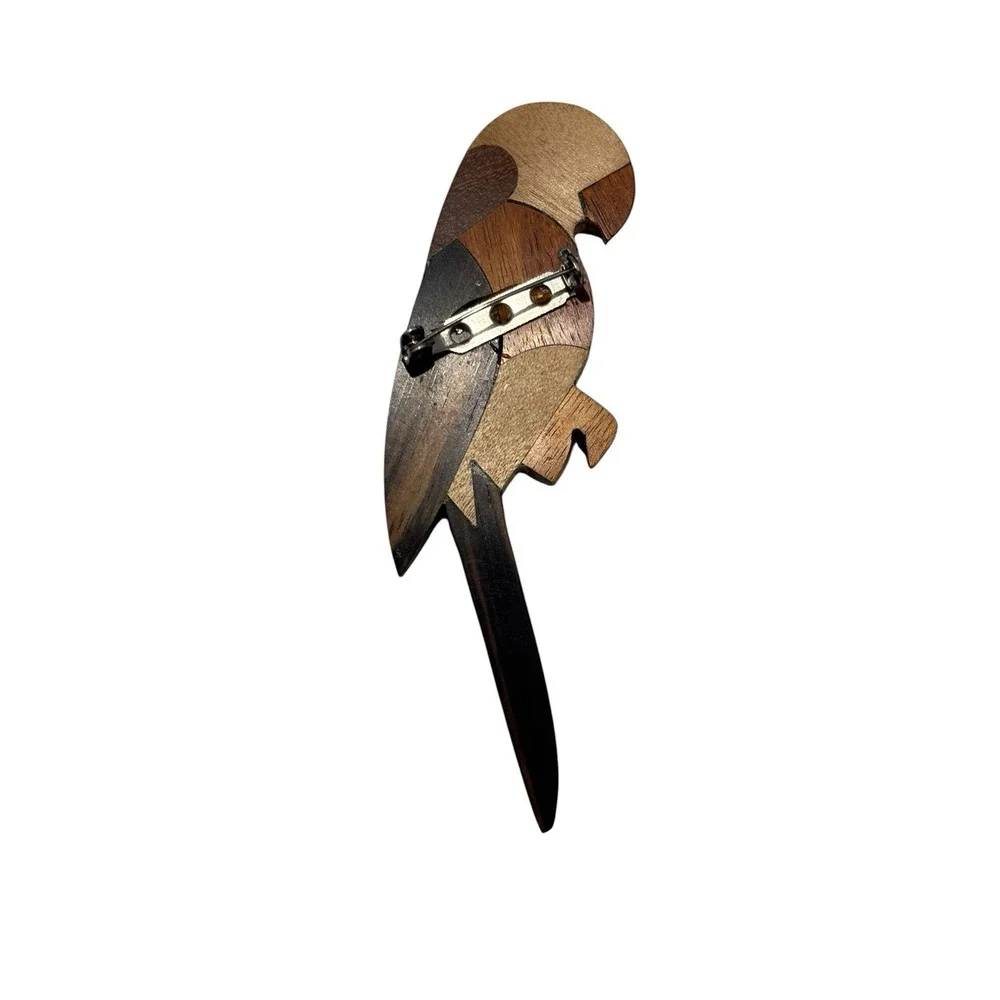 Vintage Handmade Wood Marquetry  Crafted Parrot Bird Brooch Pin